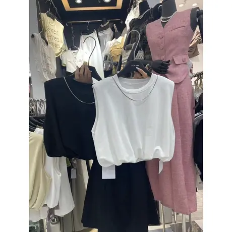 洋气减龄无袖T恤女夏ins潮流百搭宽松显瘦纯棉短款背心上衣体恤图片