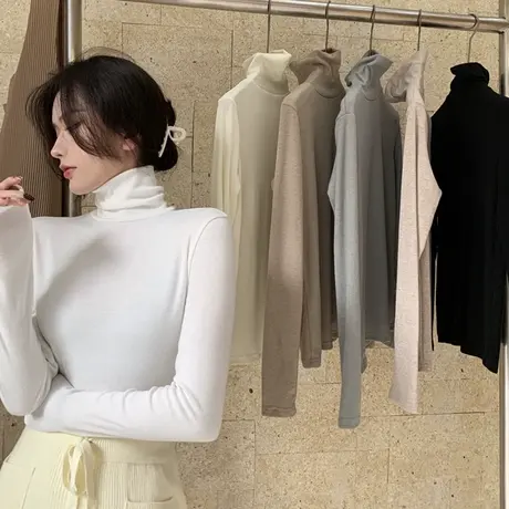 秋冬港风高领德绒打底衫女chic长袖T恤加绒加厚保暖洋气内搭上衣商品大图