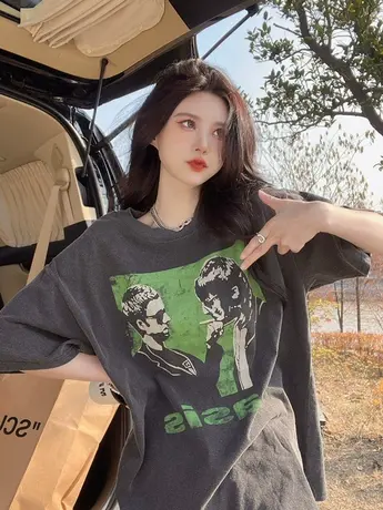 美式chic大码t恤女潮牌男友风纯棉半袖上衣ins小众港味设计感短袖商品大图