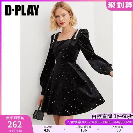 DPLAY秋装新新款法式复古黑色方领双层蝴蝶结大摆丝绒连衣裙图片