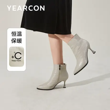 意尔康尖头细跟时装靴短靴女初冬2023高跟鞋加绒气质法式小踝靴女商品大图