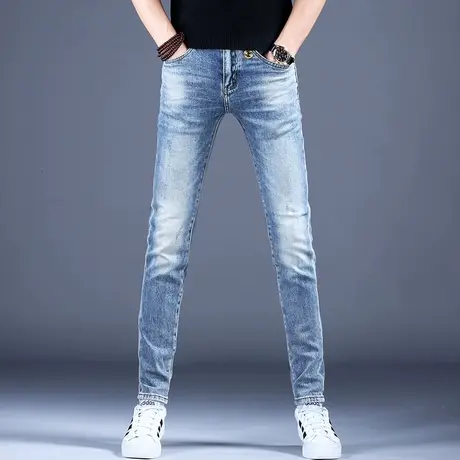 浅色弹力紧身牛仔裤男款夏季新款裤子男潮流修身小脚休闲高端潮牌商品大图