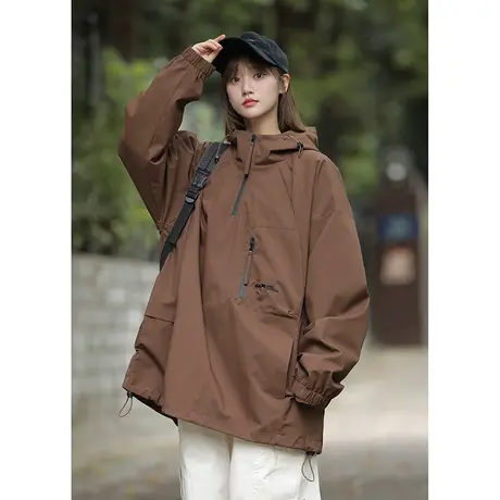 夹克男春秋季日系复古半拉链宽松美式机能冲锋衣潮牌连帽工装外套商品大图