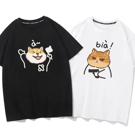 秀洛bia猫a狗日系情侣装夏装短袖T恤男情侣款猫狗互动2023新款春商品大图