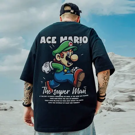 日系潮牌宽松青少年T恤胖子短袖加肥加大码卡通半袖纯棉夏季潮流商品大图