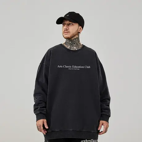 水洗做旧oversize美式复古圆领卫衣男ins加肥加大码男装重磅春秋商品大图