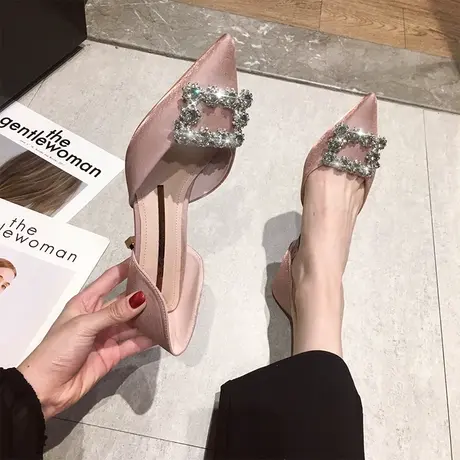 法式网红高跟鞋女细跟2020夏季新款百搭尖头凉鞋水钻ins仙女单鞋商品大图