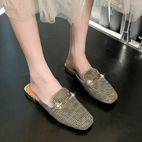 水钻金属扣包头半拖鞋女2023新款平底方头懒人乐福鞋平跟豆豆鞋女商品大图