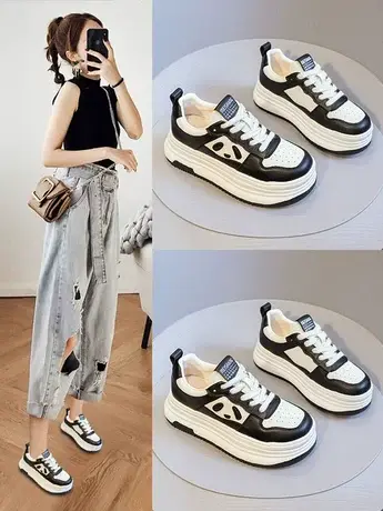 真皮厚底小白鞋女2023春秋新款网红黑白熊猫拼色圆头系带休闲板鞋图片