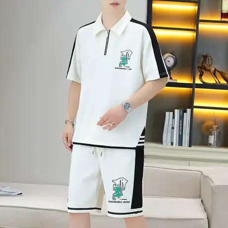 翻领短袖套装男士夏季时尚潮牌一套搭配帅气青少年运动休闲衣服酷图片
