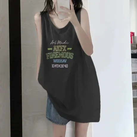 纯棉吊带运动坎肩背心无袖t恤女夏季设计感小众外穿宽松挂脖上衣图片