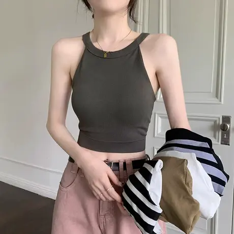 欧美辣妹风挂脖吊带背心女内搭夏外穿美背短款带胸垫纯色条纹上衣商品大图