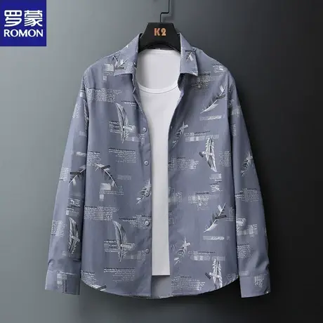 罗蒙春秋季新款男士中青年弹力竹纤维抗皱时尚大羽毛印花长袖衬衫图片