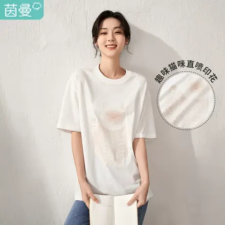 【商场同款】茵曼印花纯棉T恤女士2023夏季新款趣味猫咪圆领上衣商品大图