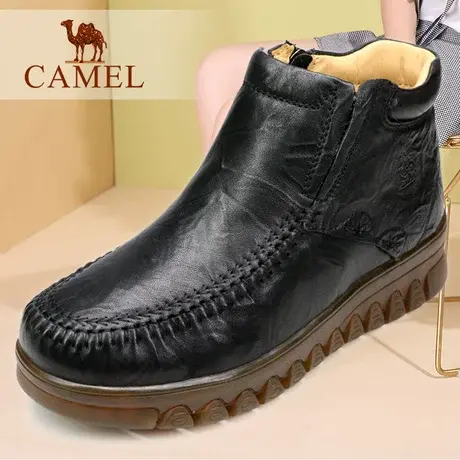Camel/骆驼女鞋 冬季牛皮加绒软底舒适休闲短靴 牛筋底棉妈妈靴子图片