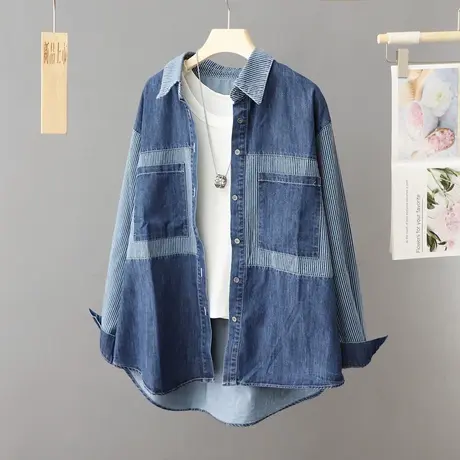 牛仔衬衫外套女中长款春秋2023年新款设计感小众宽松衬衣开衫上衣图片
