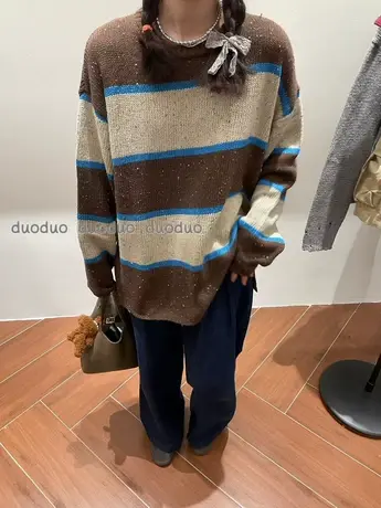 韩国秋装新款圆领条纹拼色慵懒宽松长袖针织衫毛衣打底衫上衣女潮商品大图