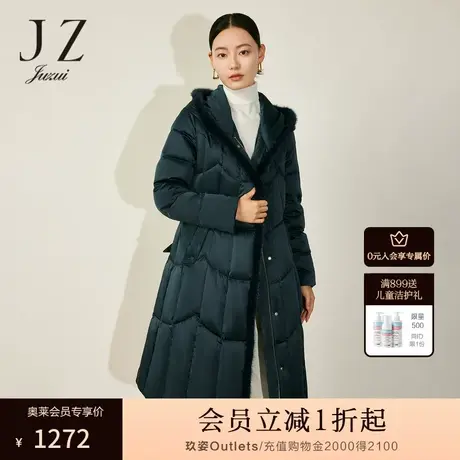 JZ玖姿绗缝羽绒服女装2022冬季新款保暖白鸭绒休闲帽款外套墨绿商品大图