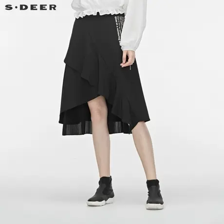 sdeer圣迪奥无松紧腰撞色字母创意拼接不规则摆半身长裙S19381108图片