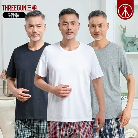 三枪T恤老人夏季上衣纯棉男士短袖老头衫打底汗衫爷爷宽松男短袖商品大图