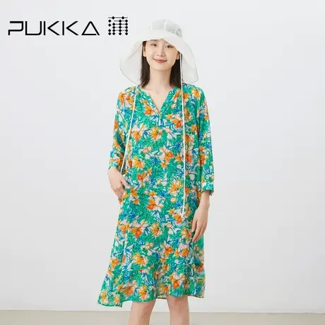 蒲PUKKA 原创设计2023夏季新品真丝浪漫印花宽松法式连衣裙图片