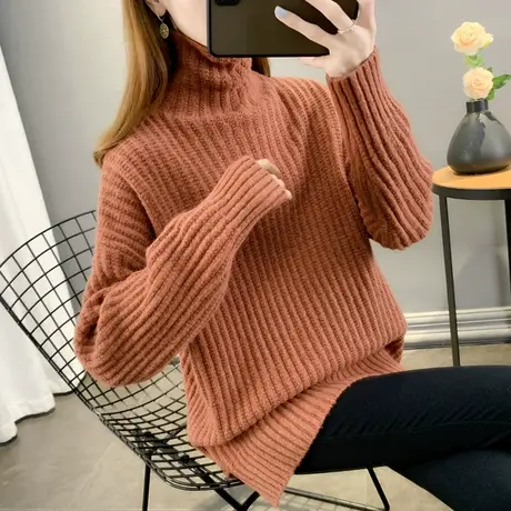 高品质秋冬加厚坑条高领毛衣女大码宽松慵懒显瘦中长款打底针织衫图片