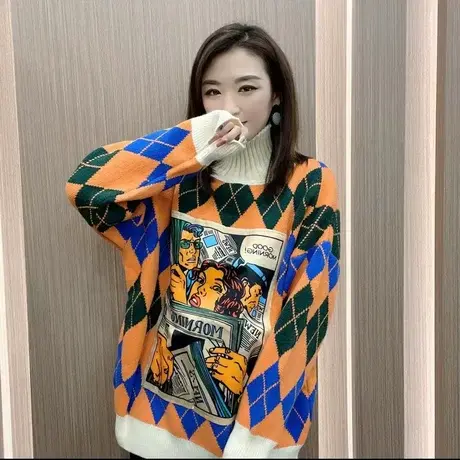 2023秋冬新款复古加厚森系毛衣外穿女BF风宽松中长款高领慵懒小众图片