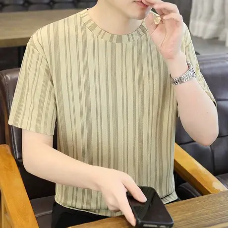 条纹短袖T恤男夏季潮牌痞帅设计感小众上衣服休闲冰丝棉半袖体恤商品大图