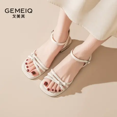 戈美其粗跟凉鞋女2025夏季新款法式气质简约配裙子一字带凉拖鞋女图片