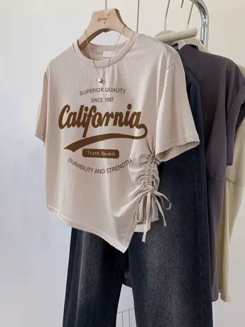 夏季胖mm不规则下摆遮肚T恤女韩系复古短款上衣ins潮抽绳修身短袖商品大图