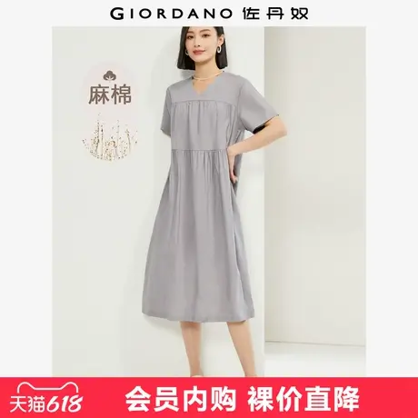 佐丹奴亚麻裙子女夏季新款文艺棉麻蛋糕裙V领短袖连衣裙05464318图片