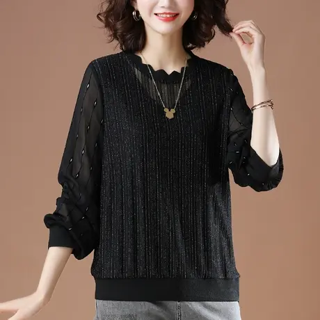 雪纺衫女长袖春季加肥加大码女装宽松洋气减龄显瘦蕾丝拼接打底衫商品大图