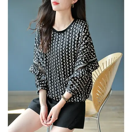 宝诗黎蝙蝠袖气质印花雪纺衫新款流行上衣女秋时尚木耳边拼接小衫商品大图