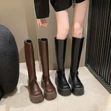 长筒靴女2023春秋季新款小个子法式显瘦裤管靴松糕厚底增高骑士靴图片