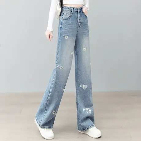 拉夏贝尔窄版阔腿牛仔裤女2025秋新款字母刺绣高腰宽松垂感直筒裤图片