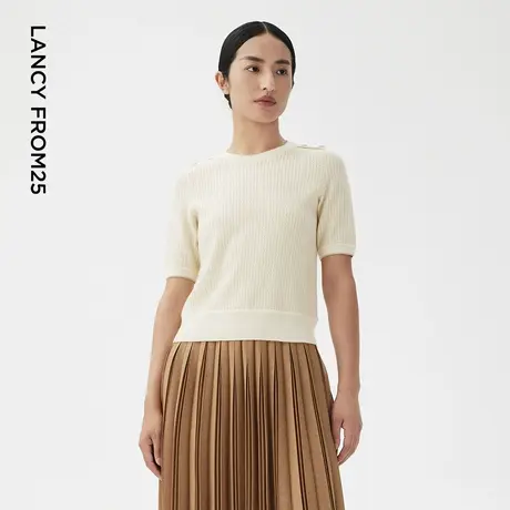 LANCY/朗姿2023秋季新款白色套头衫女圆领高端短袖针织衫短款上衣商品大图