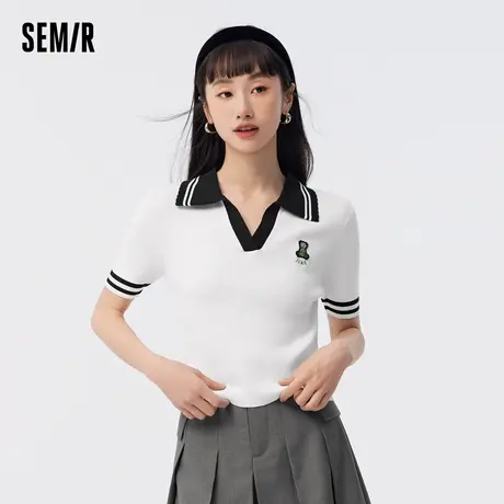 森马针织衫女短款紧身刺绣套头衫气质夏季撞色polo领毛衫女生潮XY商品大图