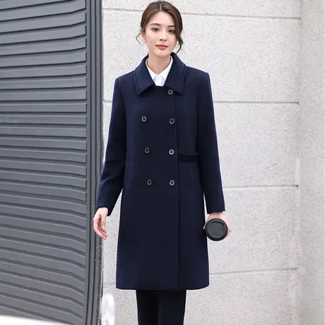 新款移动工作服女呢大衣羊毛中国营业厅秋冬工装藏蓝加厚毛呢外套图片
