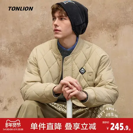 唐狮2026秋冬季男棒球领短款棉衣菱形格设计感时尚百搭黑色棉服图片