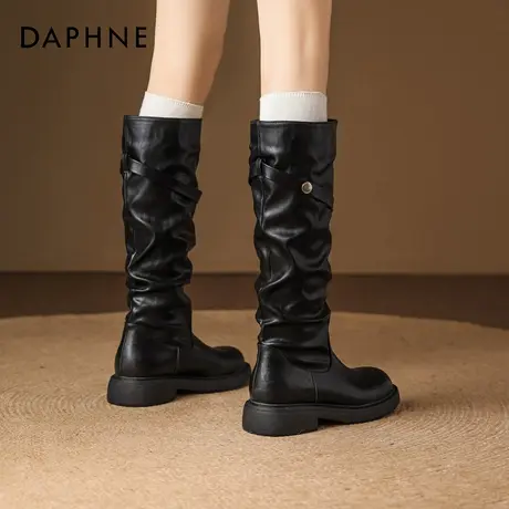 达芙妮黑色靴子女款长筒靴2025冬季新款加绒保暖雪地靴堆堆骑士靴图片