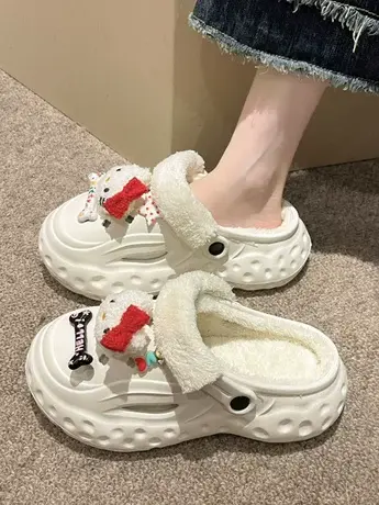 可爱加绒洞洞鞋女厚底增高2023秋冬季新款家居防滑保暖毛毛棉拖鞋商品大图