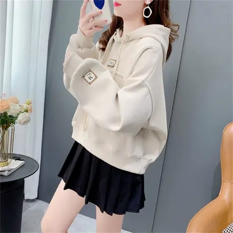 超火短款小个子加绒连帽卫衣女2023新款秋冬宽松洋气百搭上衣外套商品大图