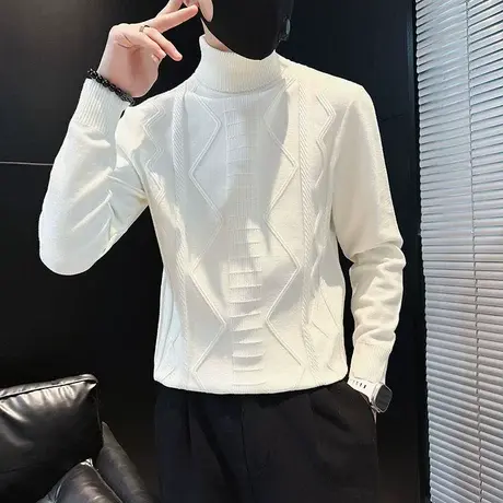 高领毛衣男秋冬季潮流轻熟纯色修身打底线衣个性提花高级感针织衫商品大图
