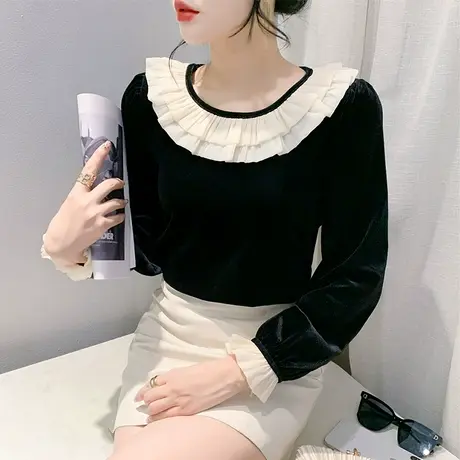 荷叶领黑白撞色丝绒T恤女长袖时尚显瘦上衣洋气修身个性打底衫ins商品大图