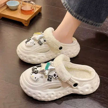 加绒洞洞鞋女款冬季2023新款保暖百搭外穿防滑增高厚底踩屎感棉拖商品大图