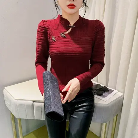 红色立领时尚针织衫性感镂空泡泡袖打底衫洋气套头个性秋冬毛衣潮图片