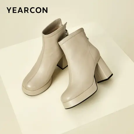 意尔康女鞋2023真皮粗跟短靴女士高级感英伦风短筒高跟踝靴防水台图片