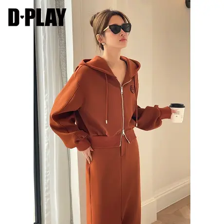 DPLAY2023新美拉德慵懒休闲套装焦糖色定制刺绣宽松拉链连帽卫衣商品大图