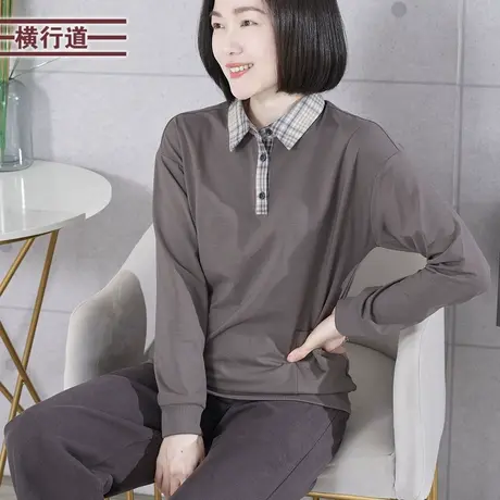 简约休闲翻领格子拼接宽松长袖T恤女装大码内搭上衣2023冬季新款商品大图