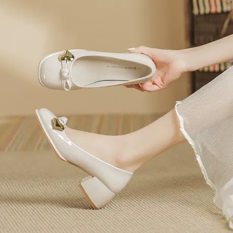 真皮玛丽珍高跟鞋女2023年夏季新款法式温柔时尚百搭浅口漆皮单鞋图片